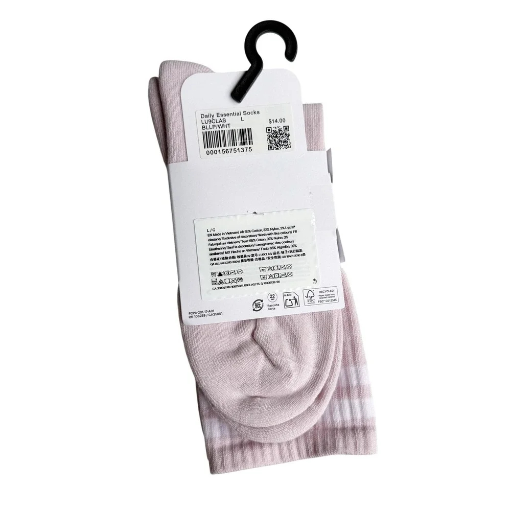NWT Lululemon Daily Essential Crew Socks Pink Pastel Striped Large Women 9.5-12